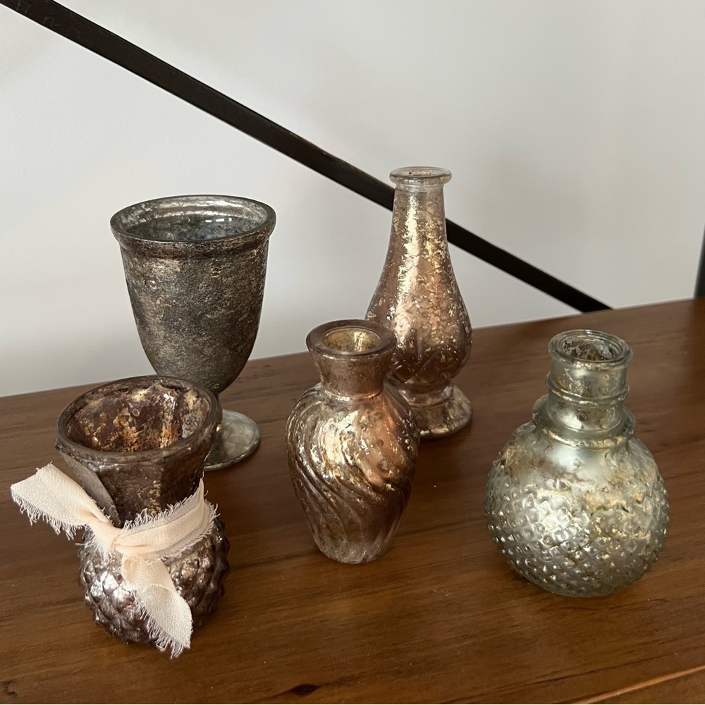 Small Shimmery Metallic Glass Coordinating Decorative Vase Set of Five 3 - 4 3/4